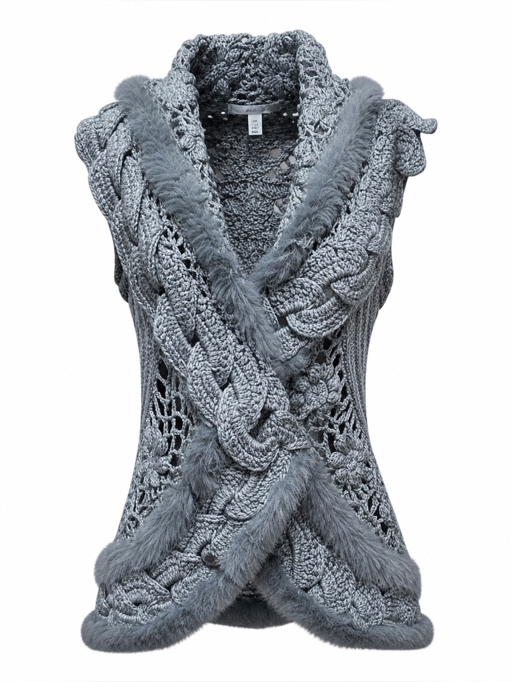 Slonl Gray Crochet Cabled Sweater Vest Rabbit Fur Size Large XLarge
